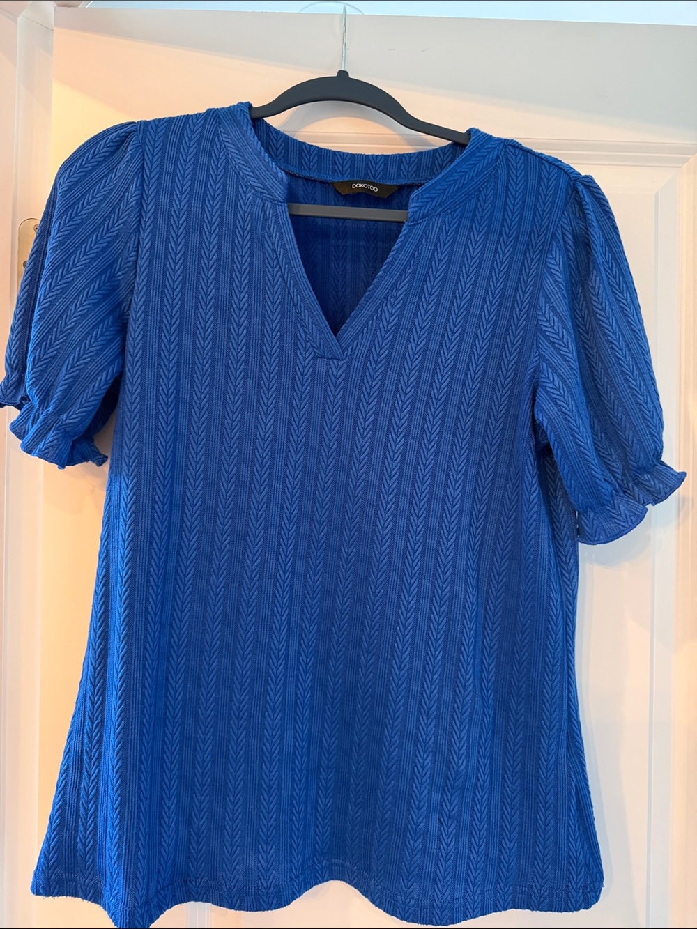 Cobalt Blue V-Neck Textured Puff Sleeve Blouse